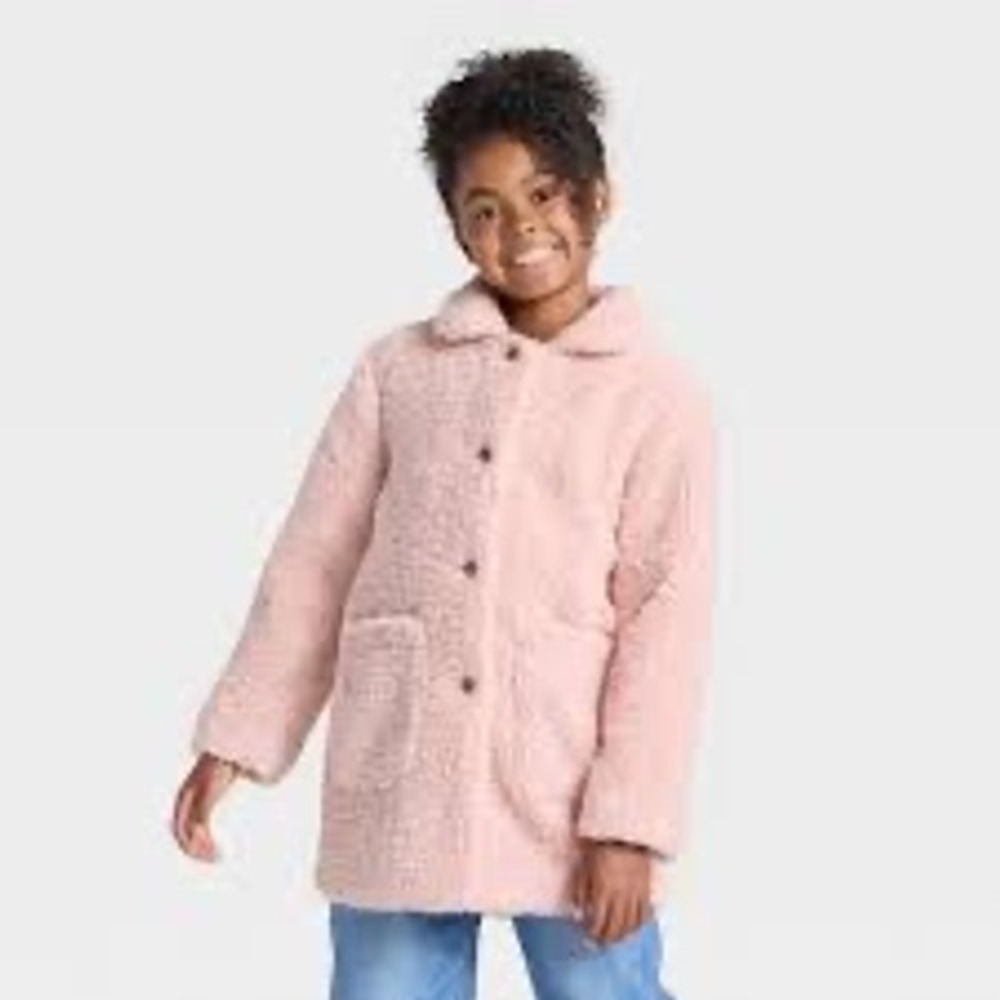 Cat & Jack Girls Blush Pink Faux Fur Sherpa Teddy Coat Jacket Size L Large